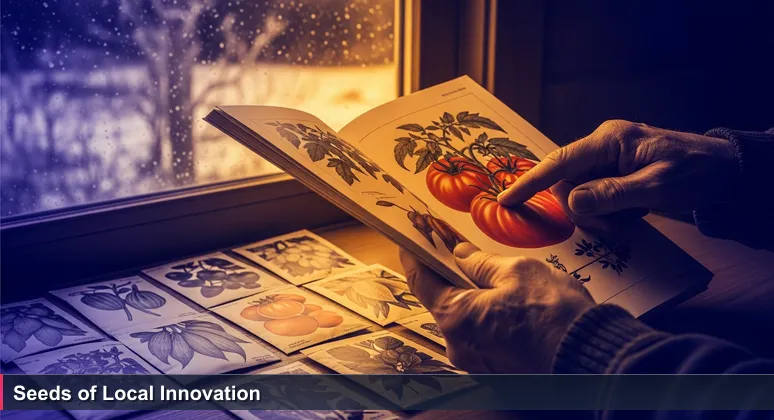 A close-up of a gardener's weathered hands holding a seed catalog in winter, with snow falling outside, symbolizing the selection of AI startups adapted to Springfield's environment.