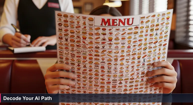 A person in a Springfield diner holding a large menu, symbolizing the overwhelming choice of AI bootcamps for 2026 tech careers.