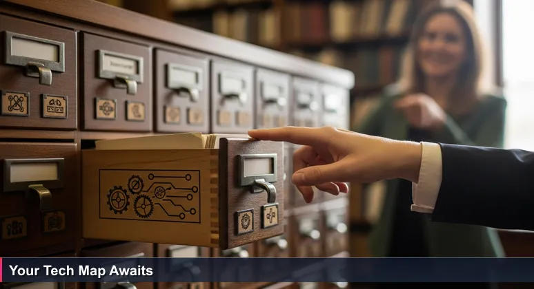 A hand hovering over an old-fashioned library card catalog drawer labeled 'TECHNOLOGY', with a smiling librarian in the background, symbolizing accessible tech education.