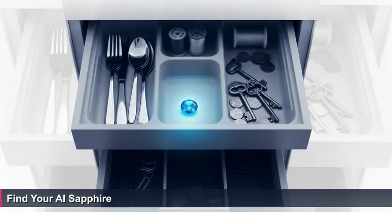 A kitchen junk drawer with a hidden compartment revealing a sparkling sapphire, symbolizing undiscovered AI career opportunities in Springfield, MO.