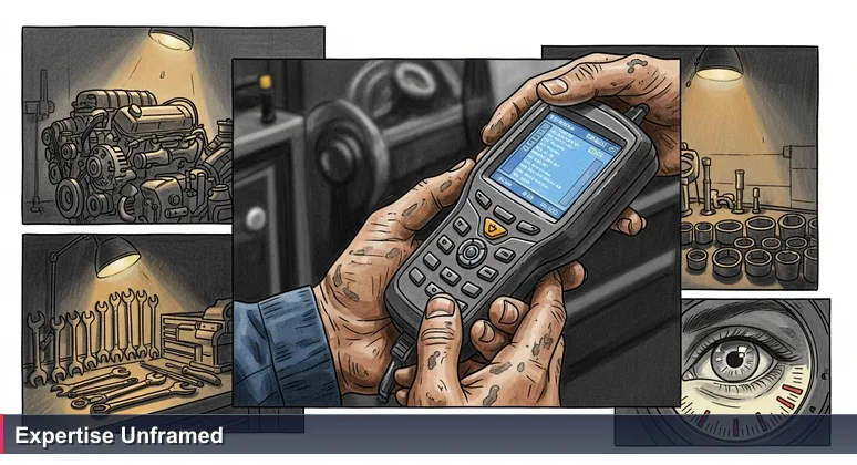 Close-up of worn hands holding a diagnostic scanner over a car engine in a Springfield garage, symbolizing hands-on tech expertise without a degree.