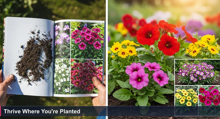 Weathered hands holding a glossy seed catalog titled 'Top 10 Perennials' with dark Springfield soil and budding seedlings, symbolizing the growth of women in tech communities in the Ozarks.