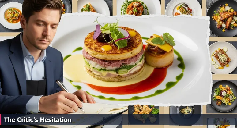 Food critic's notebook with pen over blank star-rating box, blurred dish in background, symbolizing nuanced evaluation of Milwaukee tech careers.