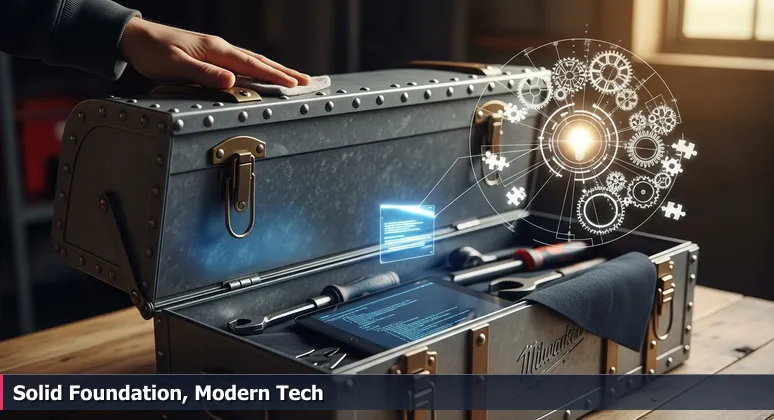 Close-up of a hand wiping dust off a vintage Milwaukee-made metal tool chest, revealing a sleek tablet inside with glowing code, symbolizing hidden tech opportunities in the city.