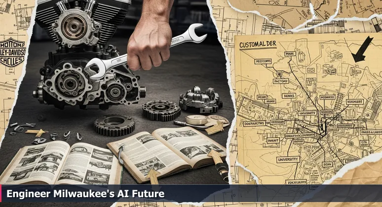 Grease-stained hands holding a wrench over a disassembled Harley-Davidson engine, with a hand-drawn map of Milwaukee's AI industry connections visible in the background.