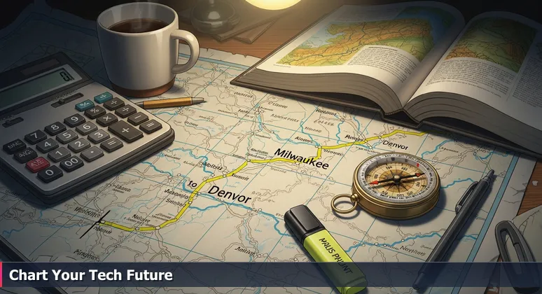 A worn paper road map spread on a kitchen table, with a highlighter marking a route from Milwaukee, a calculator, and a coffee mug, symbolizing the journey of funding tech training in 2026.