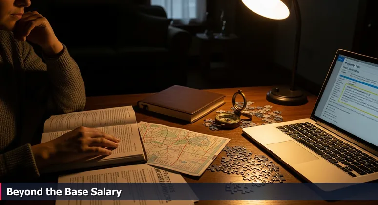 An AI professional in a Milwaukee home office, reviewing a laptop with salary data and surrounding papers showing Wisconsin tax brackets, bonus estimates, and cost-of-living comparisons.