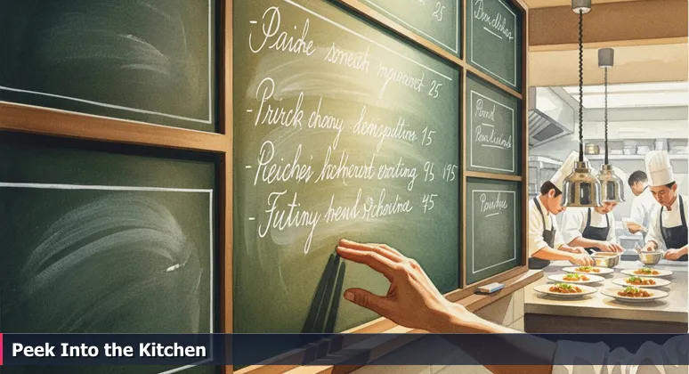 A hand points at a chalkboard menu in a Milwaukee restaurant, with a blurry kitchen scene in the background, symbolizing the hidden depth behind AI career listings.
