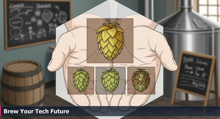 A master brewer's hands in a Milwaukee brewery, carefully selecting hop cones on a wooden barrel, symbolizing the thoughtful choice of tech career paths.