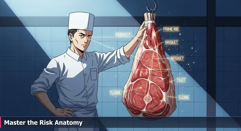A master butcher thoughtfully examines a side of beef in a tile-lined room, tracing muscle lines to map prime cuts, symbolizing strategic cybersecurity analysis.