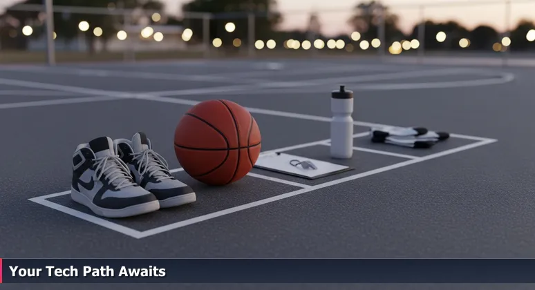 Worn sneakers on a Milwaukee public basketball court at dusk, with a lit community center and sign for free activities, symbolizing accessible tech training.