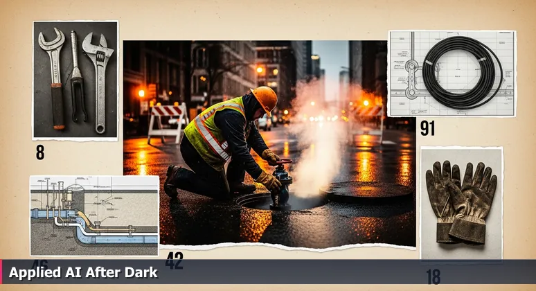 A city worker in a high-visibility vest adjusts a valve on a rain-slicked Milwaukee street at 3 AM, symbolizing essential applied AI work in critical industries.