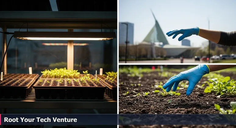 Gardener's hand choosing between a controlled grow light seed tray and a fertile urban soil patch, with Milwaukee Art Museum in the background.
