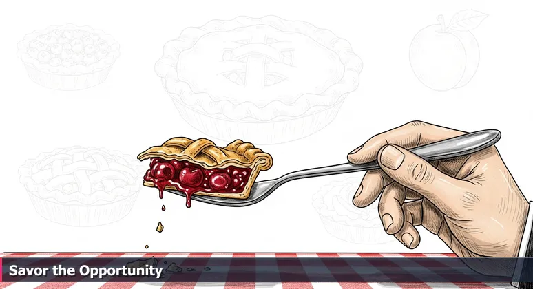 A judge's hand holding a fork with cherry pie at the Wisconsin State Fair, symbolizing the ranking of top tech startups for junior developers in Milwaukee.