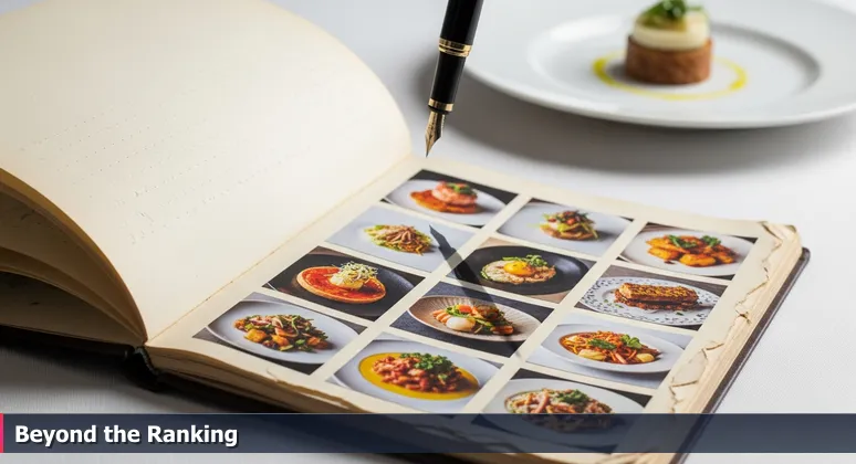 A food critic's notebook with a top 10 tech companies list, pen hovering, and an aerospace component in the background, representing the complexity behind salary rankings.