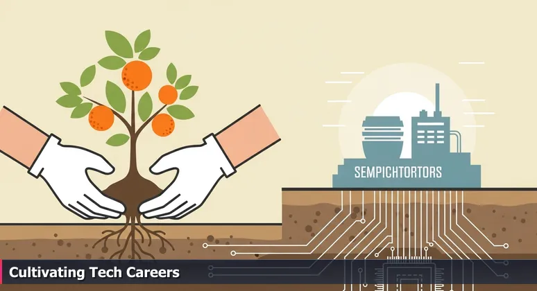 Hands in work gloves tending soil near a citrus tree at sunrise, with a semiconductor fab silhouette in the background, symbolizing Mesa's blend of agriculture and high-tech growth.