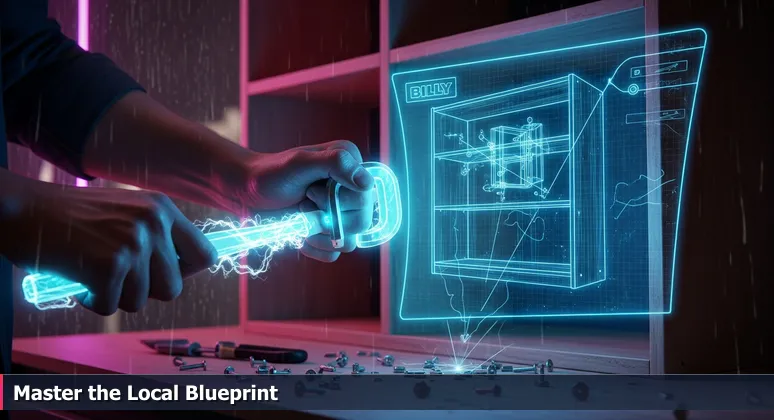 Close-up of hands using an Allen wrench on a crooked IKEA bookcase shelf, with an open instruction manual, symbolizing adapting generic plans to local needs.