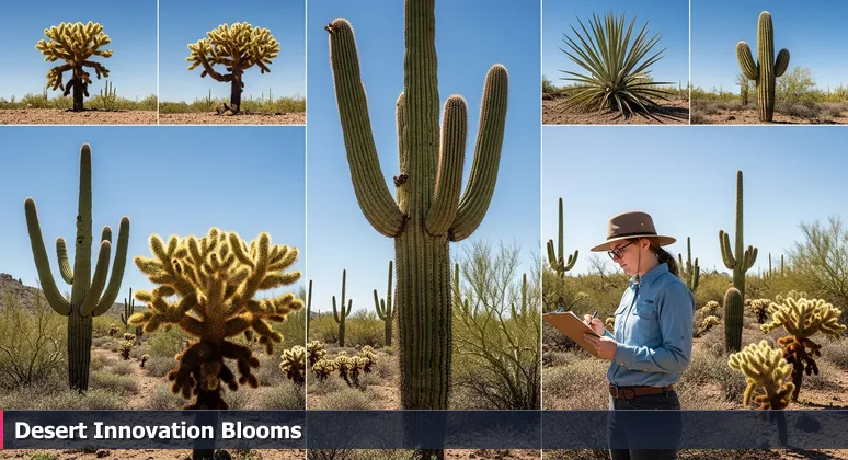 A botanist in Mesa, AZ examines a saguaro cactus, symbolizing the interconnected AI startup ecosystem in the East Valley.