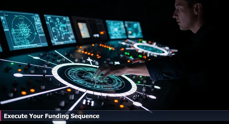 A hand hovering over a glowing mission control console, symbolizing strategic funding decisions for tech training in Mesa, Arizona.