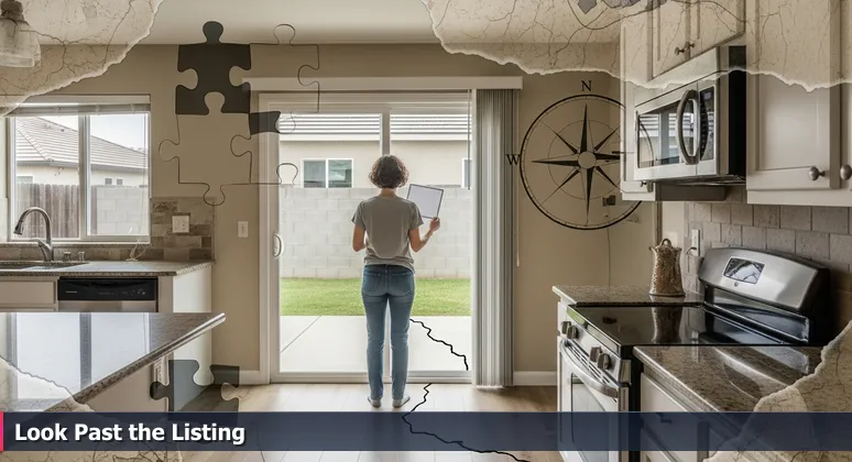 A person in a staged Mesa home holding a real estate flyer, looking uncertainly at a crack in the patio, symbolizing hidden value in AI job offers beyond base salary.