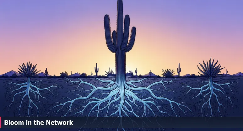 A saguaro cactus at dawn in the Sonoran Desert, with roots intertwined with nurse plants, symbolizing Mesa's interconnected AI community.
