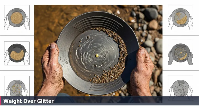 Close-up of weathered hands panning for gold in an Arizona desert riverbed, with a single fleck settled at the bottom, symbolizing substantial tech careers in Mesa.