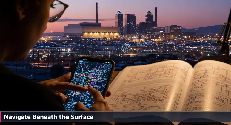A person's hand tracing a colorful subway map on a phone screen with Mesa's Boeing plant and data centers blurred in the background at dusk.