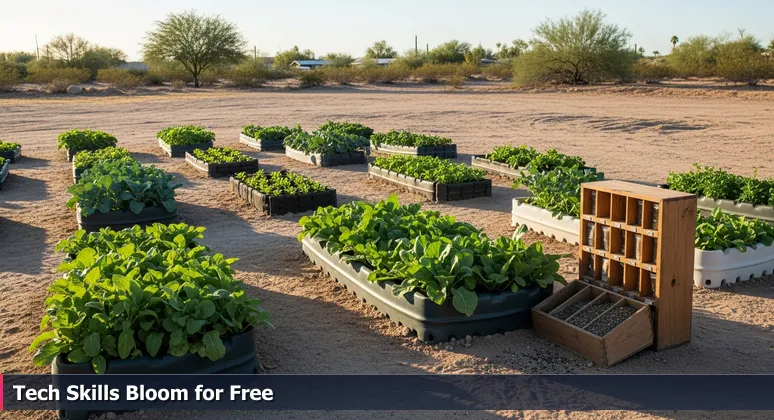 A thriving community garden in a dusty Mesa lot with vegetables in repurposed containers and a Free Seed Library box, representing hidden free tech training resources.