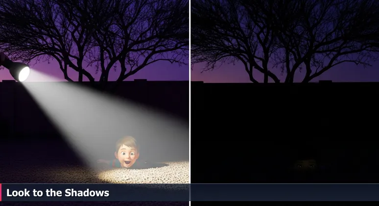 Children playing flashlight tag at dusk in a Mesa backyard, with one child illuminated by a flashlight and another hiding in the shadows.