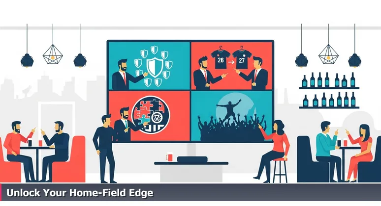 A sports bar scene with a TV split into panels showing analysts debating stats like team chemistry and home-field advantage, symbolizing the search for the best tech coworking space in Mesa, AZ.