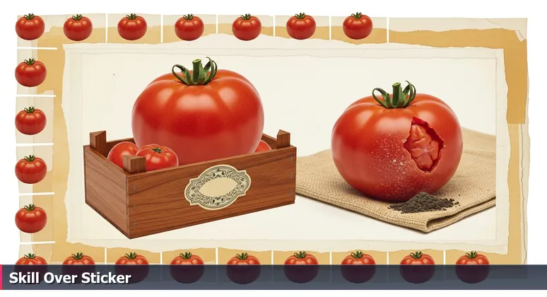 Two tomatoes at Mesa Farmers Market: one with a certification sticker, the other with desert soil, symbolizing the choice between formal credentials and practical skills in tech hiring.