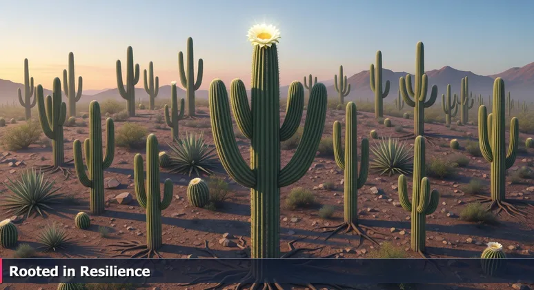 A blooming saguaro cactus in Mesa desert at sunrise, with visible roots symbolizing the support network for women in technology careers.