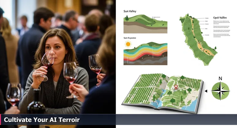 A visual metaphor showing a confused tourist at a Temecula wine tasting and a vintner pointing to vines, representing the need to understand local context for AI careers in Murrieta.