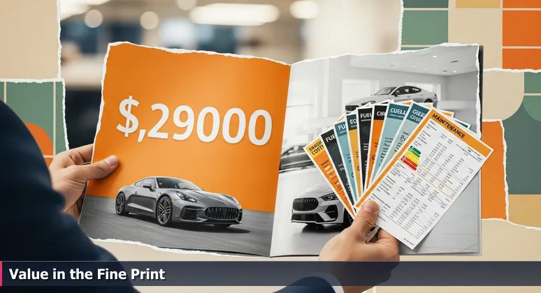 A tech professional in a car showroom captivated by a glossy sticker price on a brochure, while detailed spec sheets on compensation and costs are overlooked in their other hand.