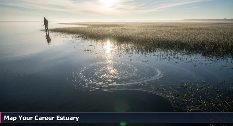 Illustration of a dawn estuary where freshwater meets saltwater, with reeds and birds, symbolizing Murrieta's convergent tech ecosystem in 2026.