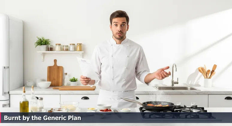 Frustrated person in a bright kitchen holding a printed AI engineer roadmap, with perfect ingredients on the counter but a burnt meal on the stove.