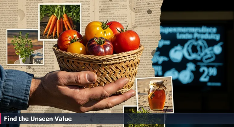 Close-up of hands at a farmers market: one hand holds a basket of unlabeled, locally-grown heirloom tomatoes, while the other points to a distant supermarket sign for imported produce.