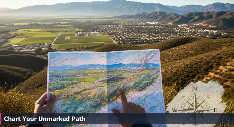A hiker on a ridge overlooking Temecula Valley, holding a topographic map, symbolizing strategic navigation of AI career salaries in Murrieta.
