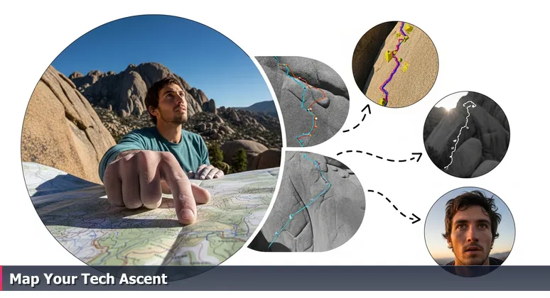 A climber's hand tracing routes on a detailed map next to a rocky outcrop, representing career pathway choices in Murrieta's tech landscape.