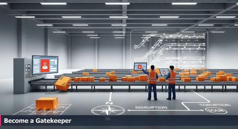 Nighttime warehouse scene with a jammed conveyor belt and technicians monitoring a red-flashing screen, symbolizing cybersecurity threats in Murrieta's critical infrastructure.
