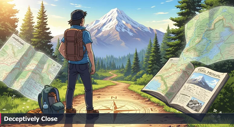 Illustration of a hiker standing at a trailhead, looking towards a faraway mountain peak that appears deceptively close, with a light backpack at their feet.