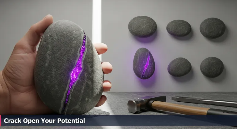 A hand holds a dull grey river rock from the Santa Margarita River, with a hammer and chisel beside it, revealing purple amethyst crystals inside - symbolizing hidden tech opportunities in Murrieta.
