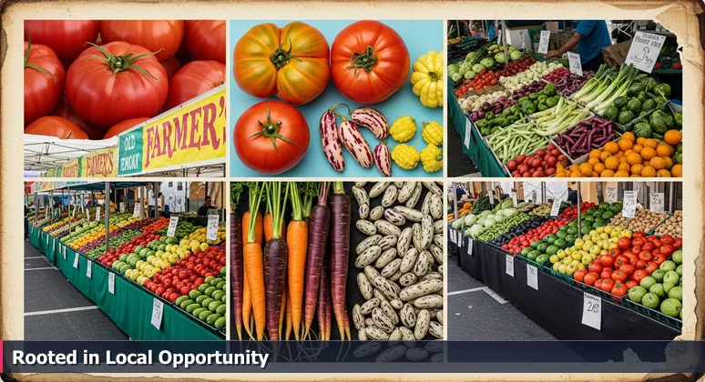 A vibrant farmer's market scene in Old Town Temecula, highlighting a less crowded booth with heirloom vegetables, symbolizing hidden AI career opportunities in Murrieta.