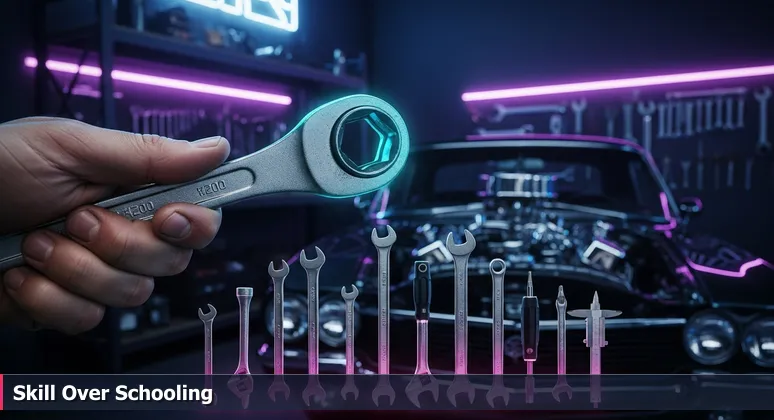 A grease-stained hand holding a custom wrench with a classic car engine in the background, symbolizing practical tech skills for Murrieta jobs.