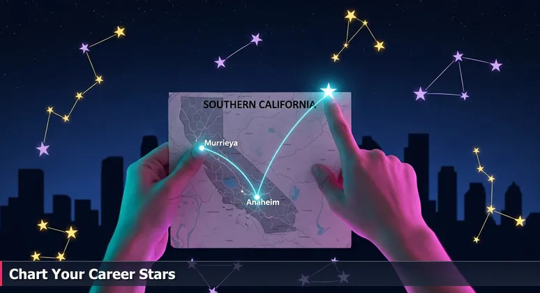 Hands holding a map of Southern California, tracing a route from Murrieta to Anaheim with stars representing tech resources for women.