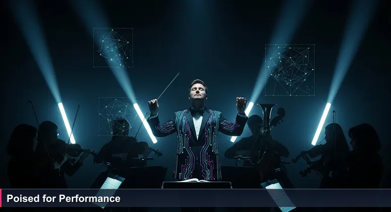 A conductor poised with baton in a silent concert hall, symbolizing the anticipatory start of an AI career in New Zealand.