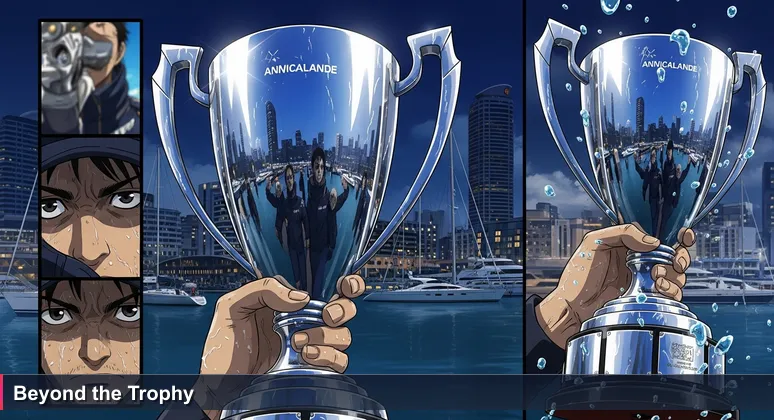 Close-up of the America's Cup trophy in Auckland's Viaduct Harbour, reflecting exhausted crew members, symbolising the hidden effort behind top tech salaries in New Zealand.