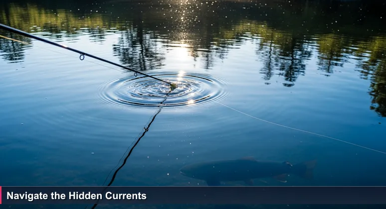 A fly-fishing line cast on a calm New Zealand river, with glassy surface reflections and a trout visible beneath the water, symbolising hidden tech opportunities.
