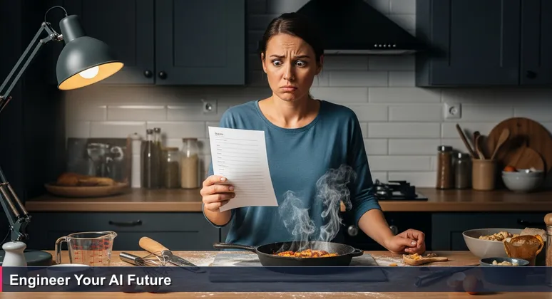 A frustrated cook with recipe card and burnt food, illustrating the AI learning gap in New Zealand's engineering context.