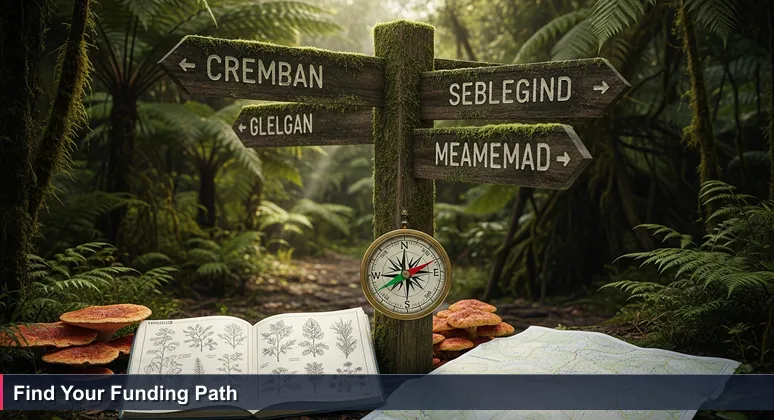 A weathered wooden trail marker in New Zealand native bush, pointing to multiple paths, symbolizing the funding options for tech training in 2026.